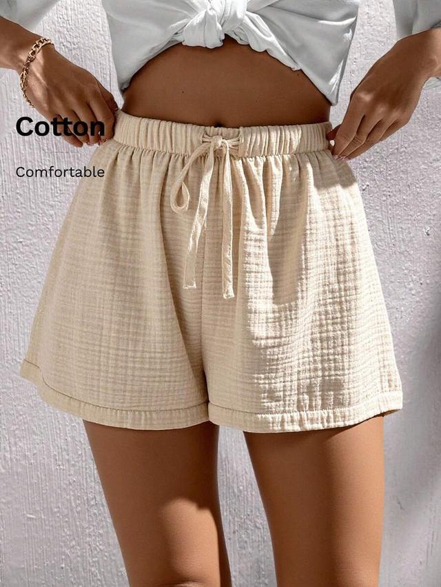 light beige cotton gauze elastic waist casual shorts