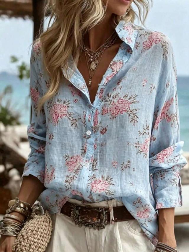 light blue floral printed linen button-down shirt