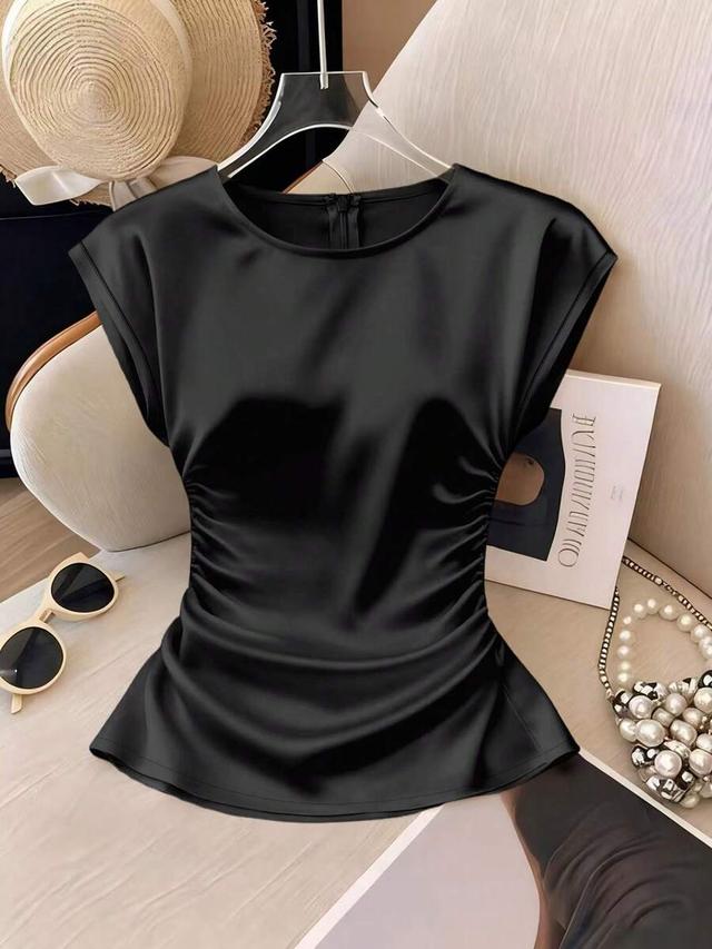 elegant black satin round neck cinched waist blouse