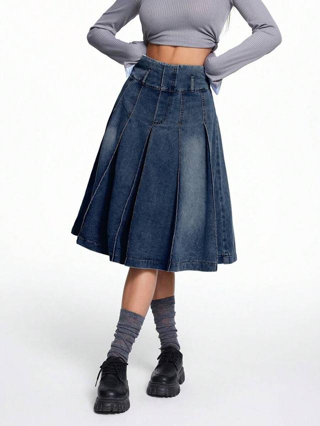 high-waisted pleated denim midi skirt
