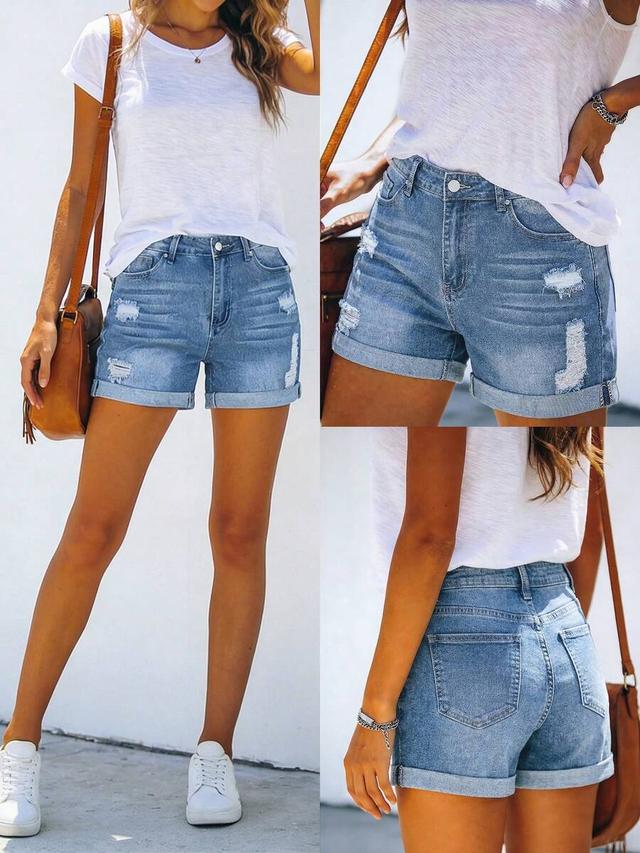 distressed blue denim cuffed shorts