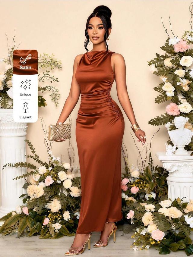 rust satin cowl neck ruched midi dress