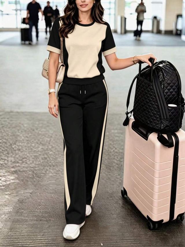color block crew neck top and straight leg pants