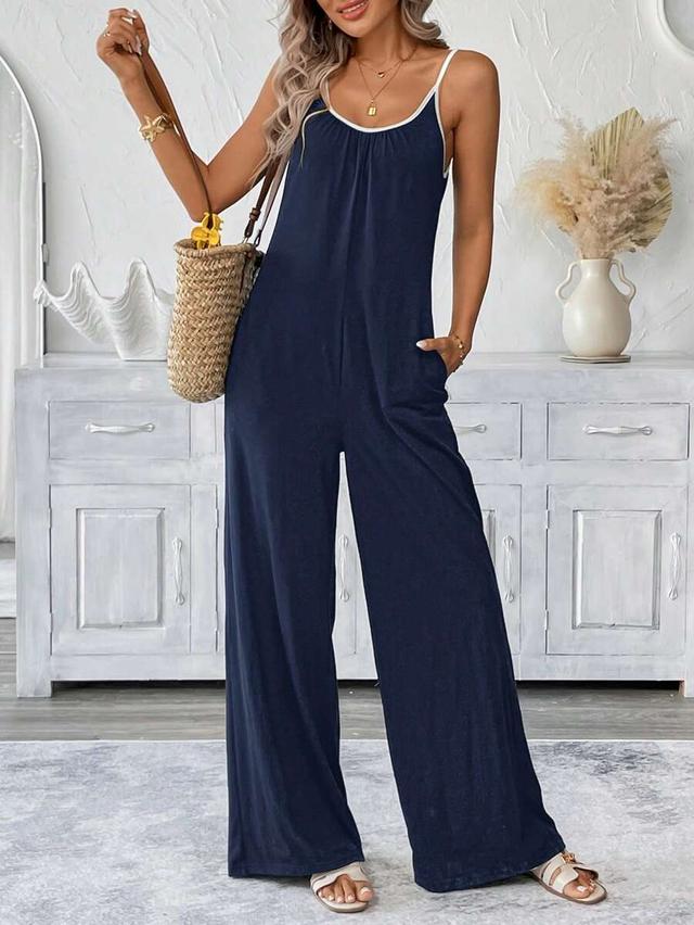 navy blue wide-leg sleeveless jumpsuit with contrast trim