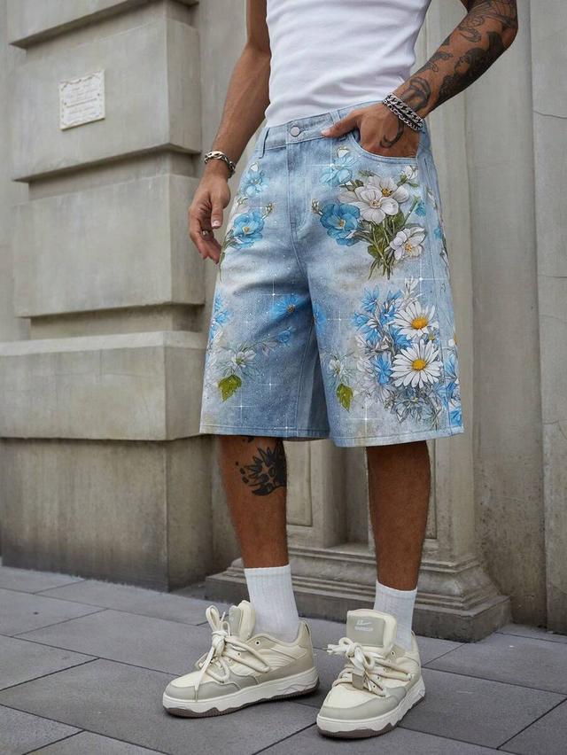 floral print rhinestone decorated denim shorts