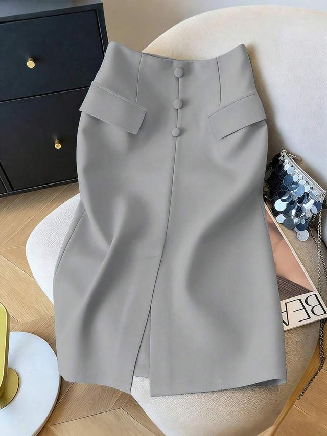 solid grey tailored midi skirt with decorative buttons