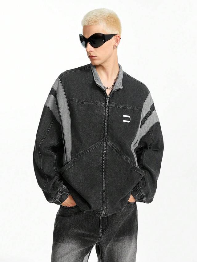 neon blanc patchwork denim zip-up jacket