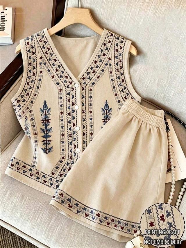beige embroidered sleeveless v-neck button vest and shorts set