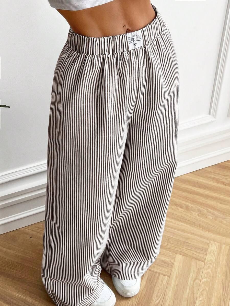 brown and white striped woven casual pants