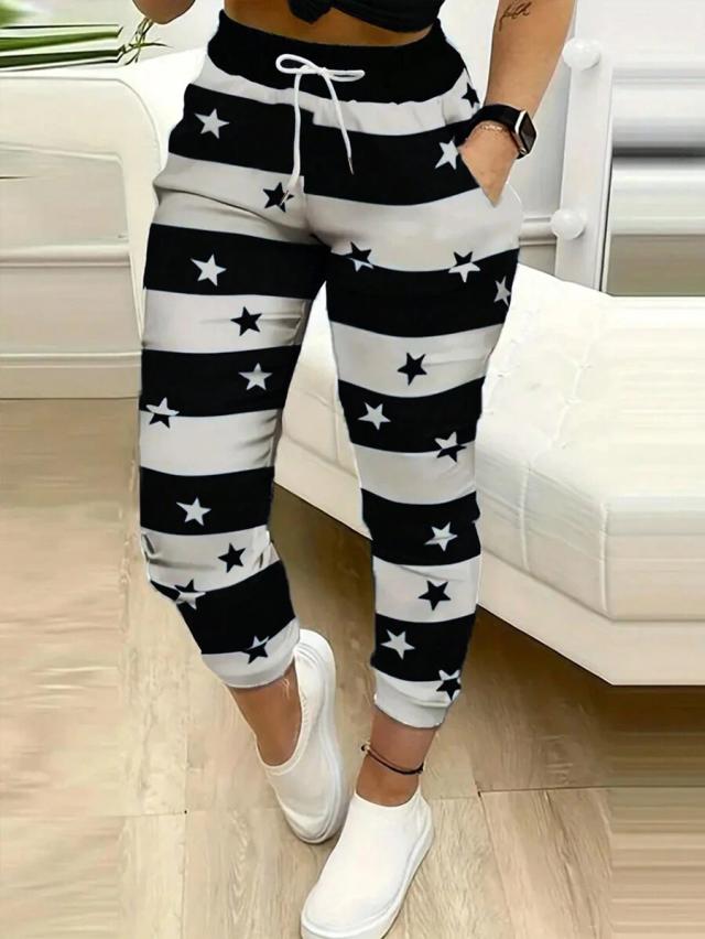 women's black and white striped star print sweatpants