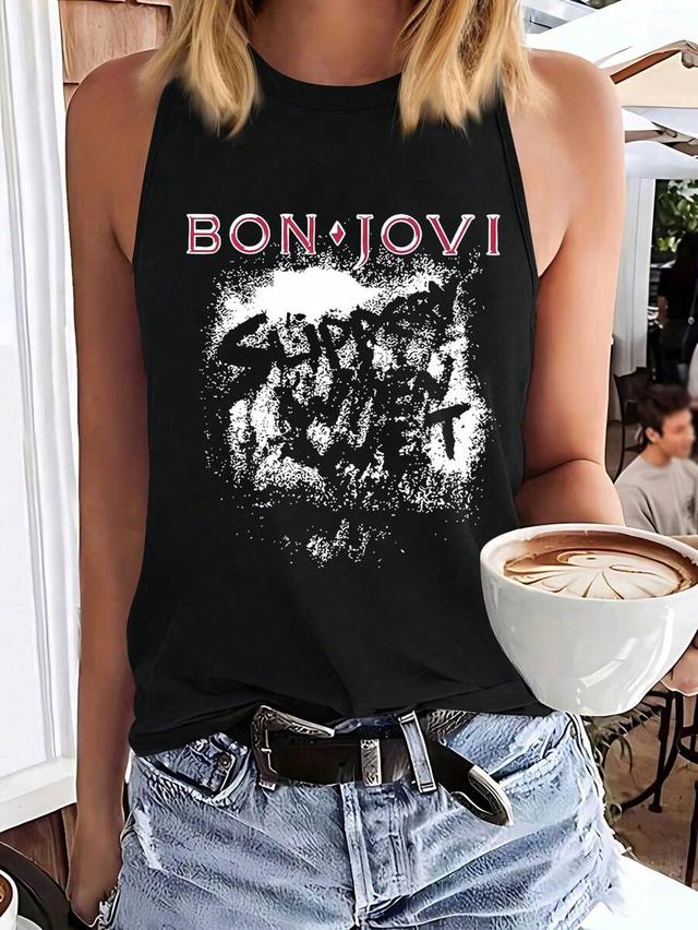 bon jovi letter print black casual tank top
