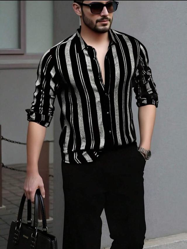 men's black and grey striped button front shirt