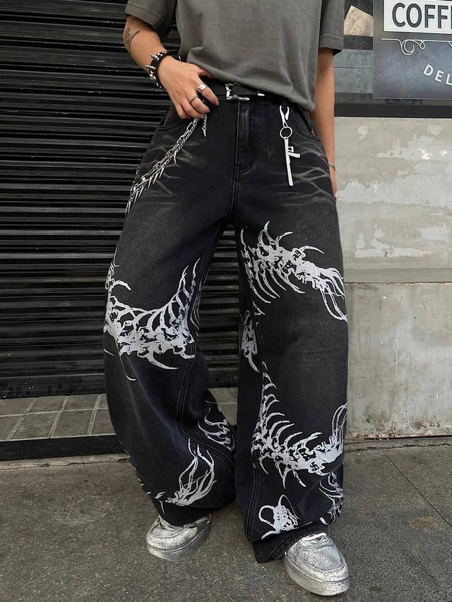 washed black wide leg printed street style jeans