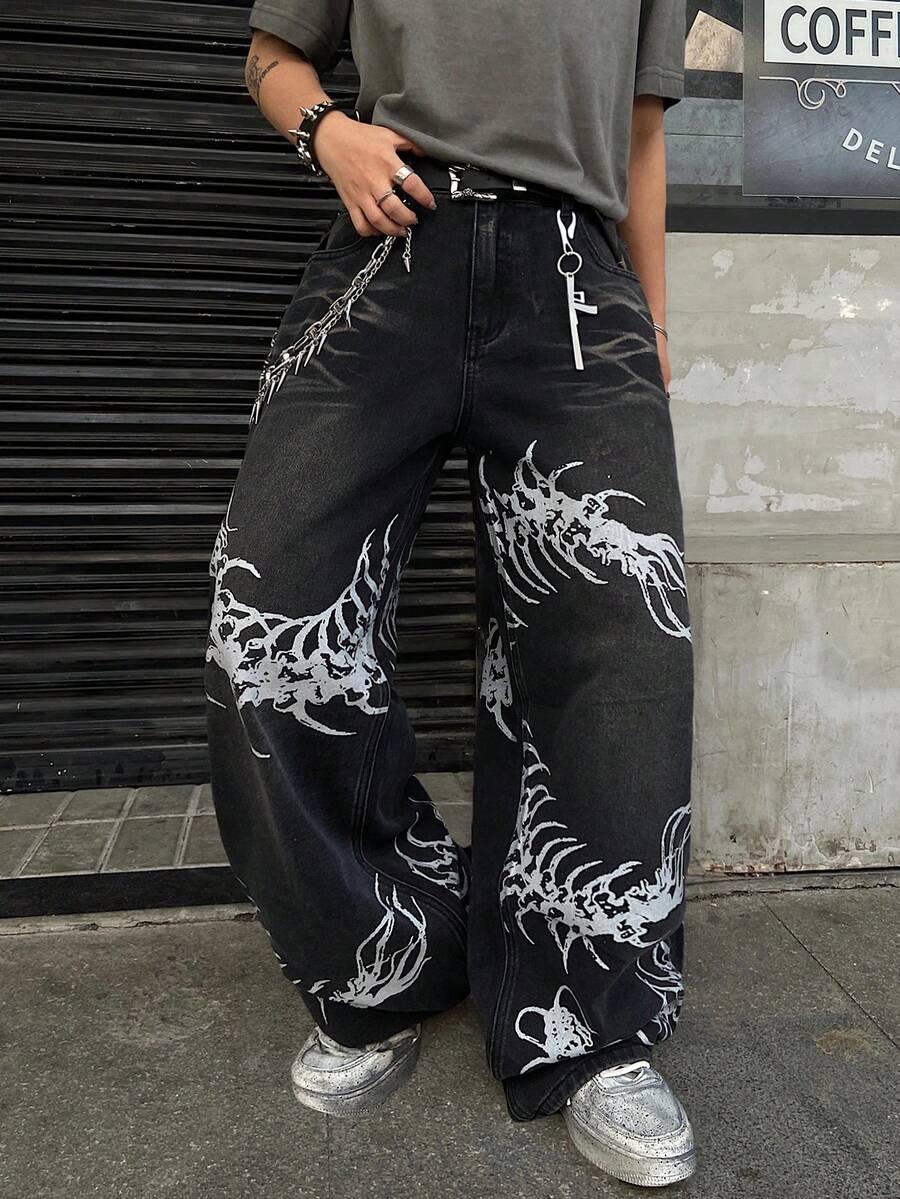 washed black wide leg printed street style jeans
