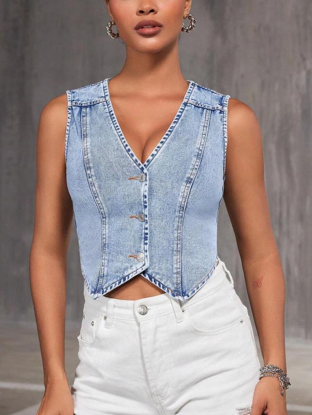 light wash denim button-up vest top
