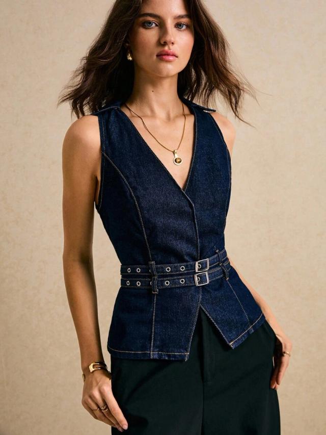 dark wash denim v-neck buckle waist vest