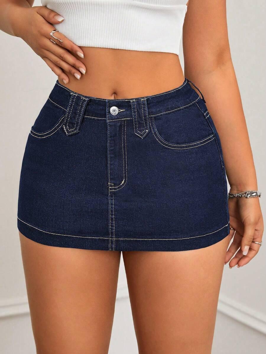 dark wash denim mini skirt with contrast stitching