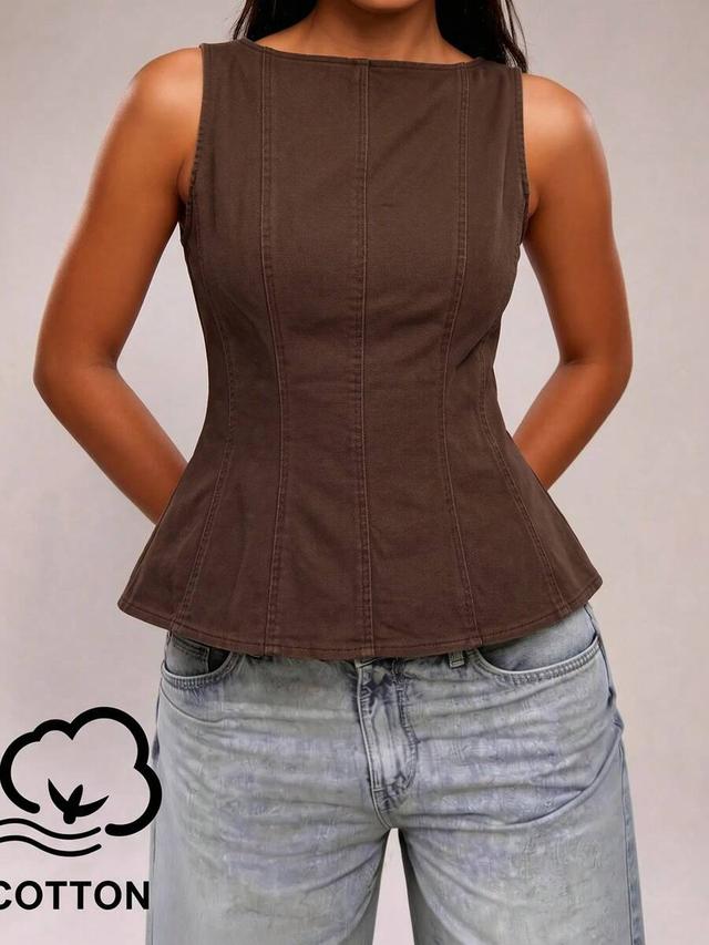 brown sleeveless denim peplum top with paneling
