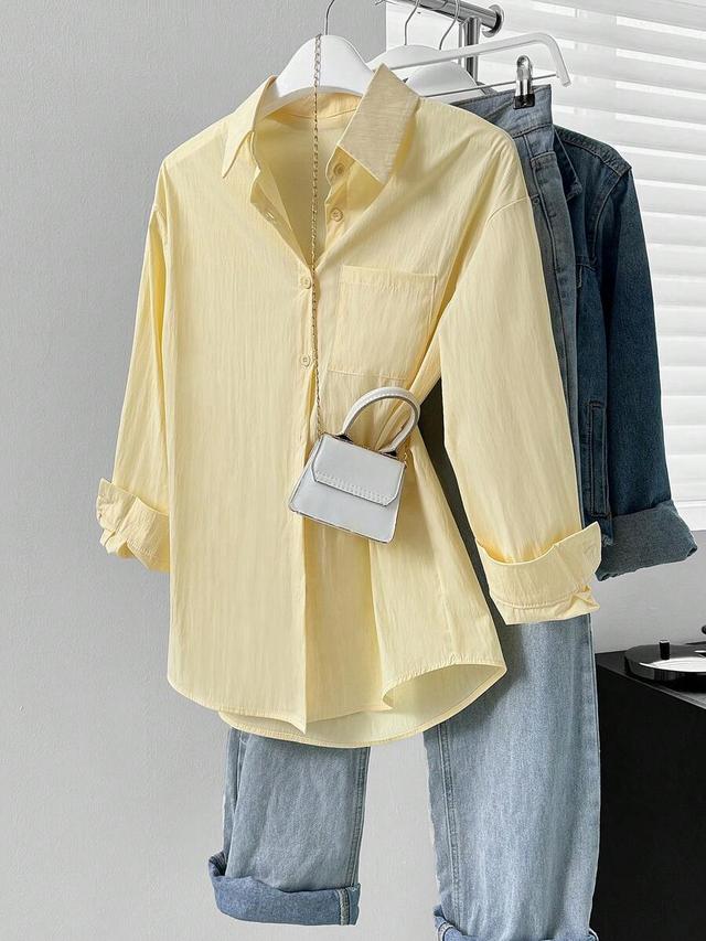 women's yellow polyester button down shirt
