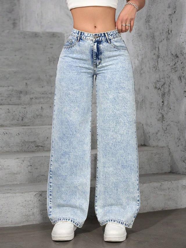 acid wash blue casual washed low-waist straight-leg jeans