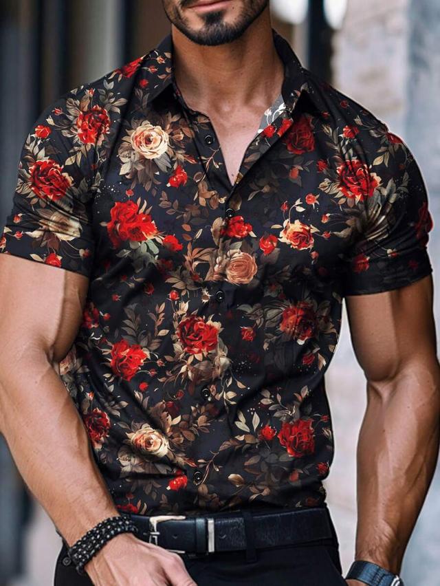 black floral print short sleeve casual shirt