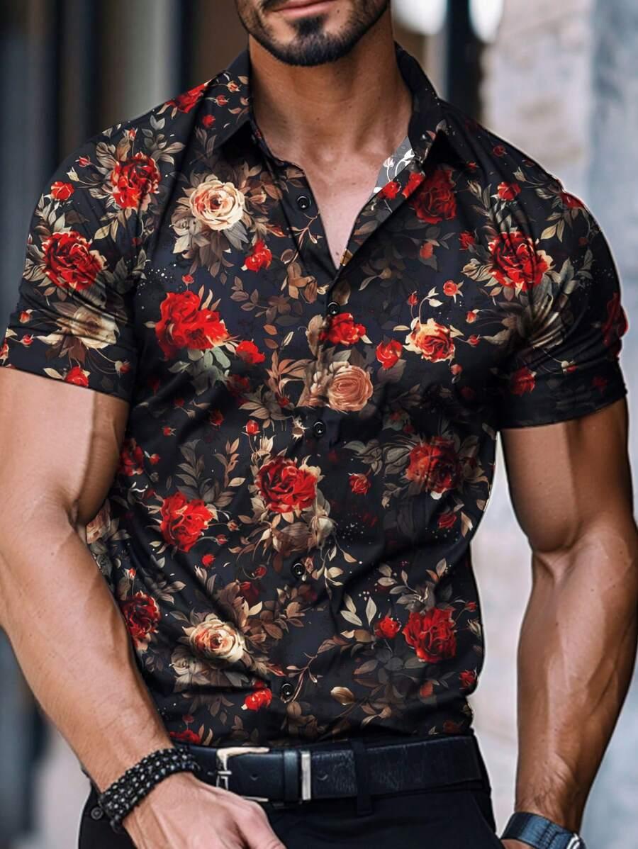 black floral print short sleeve casual shirt