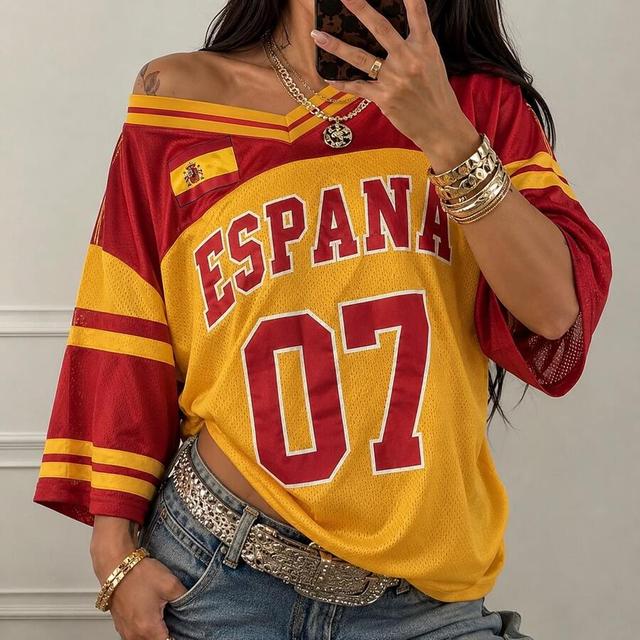 red yellow off shoulder espana 07 flag mesh soccer jersey
