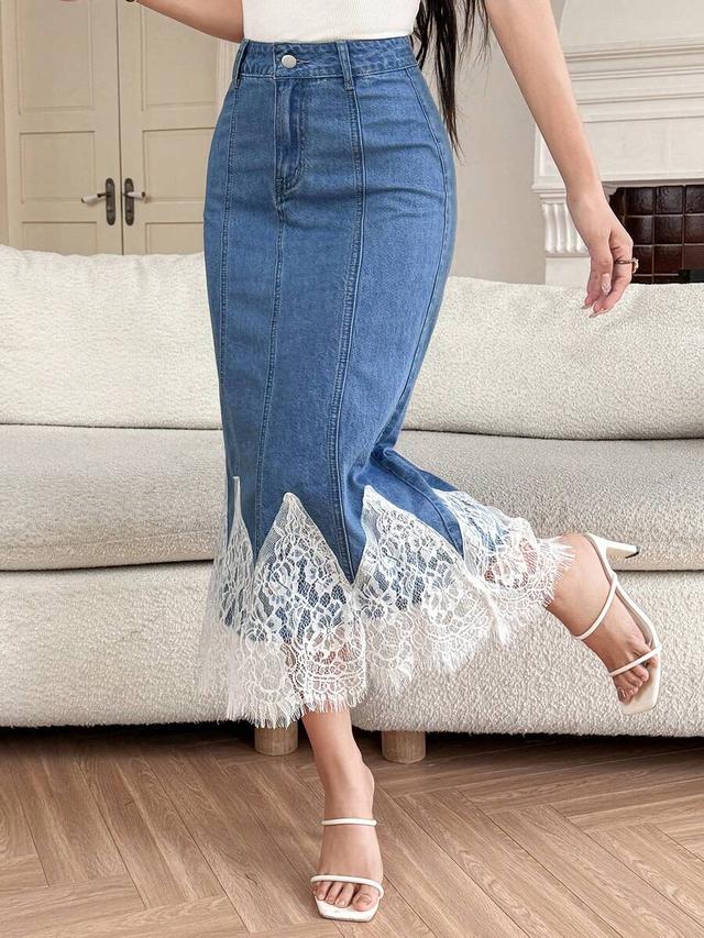 denim mermaid midi skirt with contrast lace hem