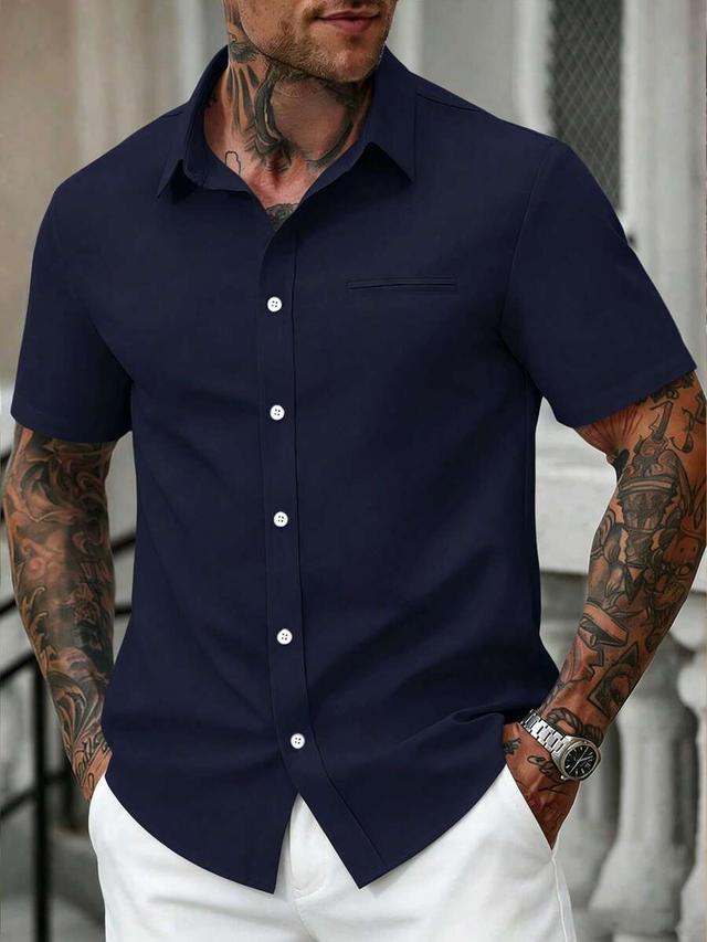 navy blue short sleeve button-up casual shirt