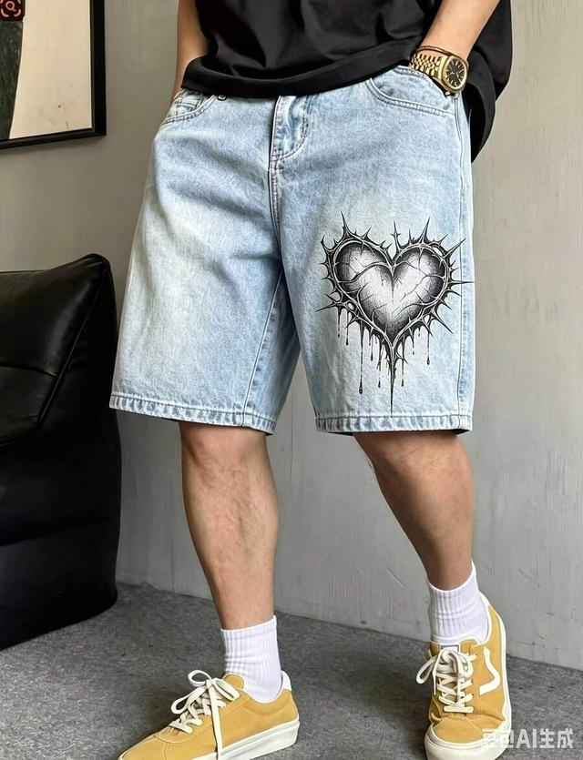 light wash denim shorts with heart skull print