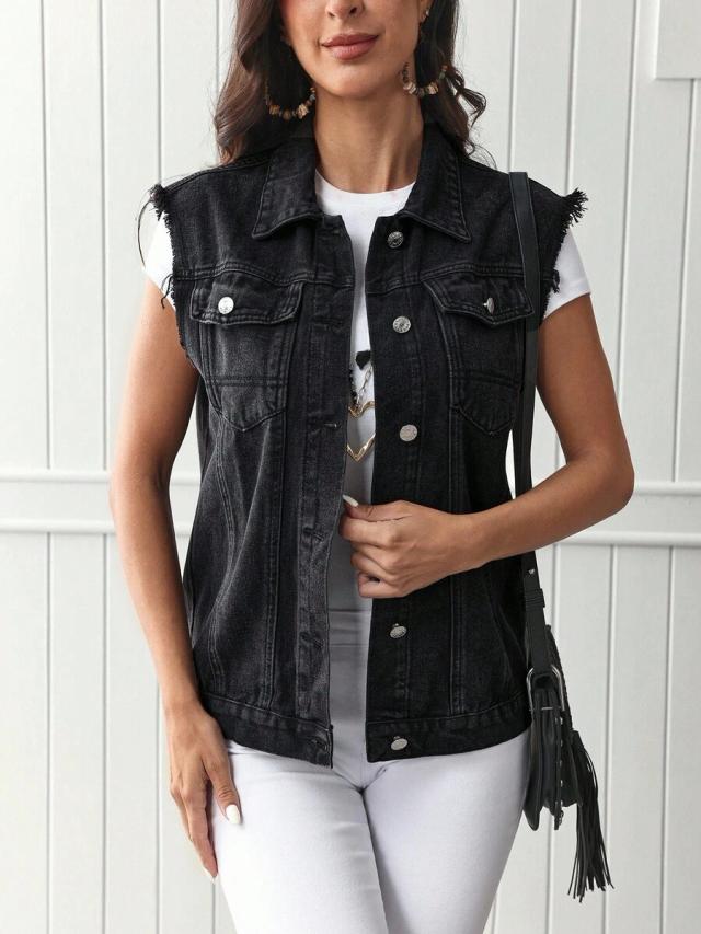 black denim flap pocket raw trim vest jacket