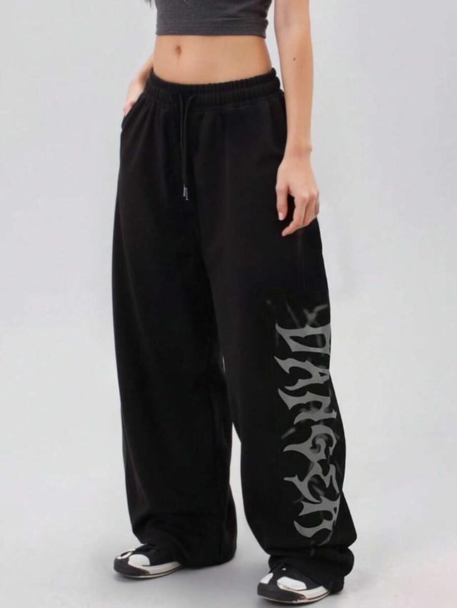 black letter print drawstring wide leg sweatpants