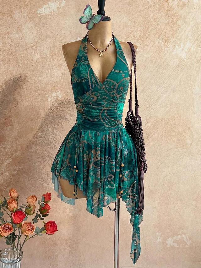 green tropical boho halter backless fringe star dress