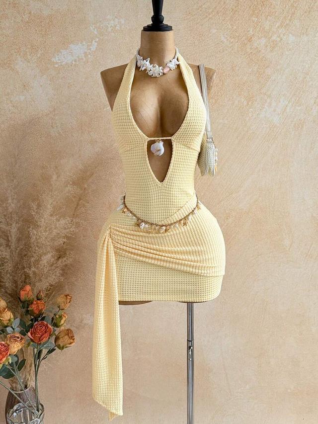 soleia pale yellow textured waffle knit halter mini dress