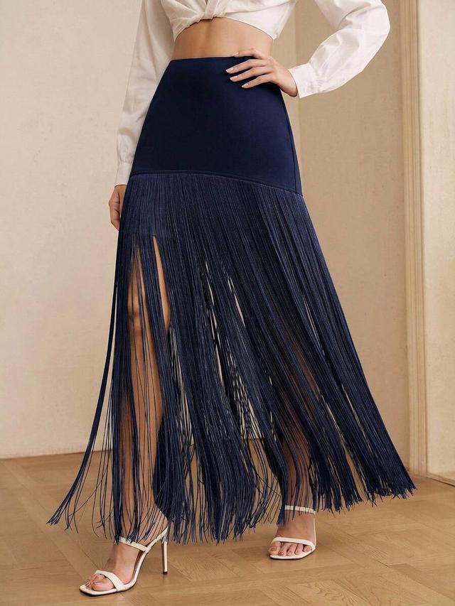 elegant navy blue solid color splicing tassel skirt