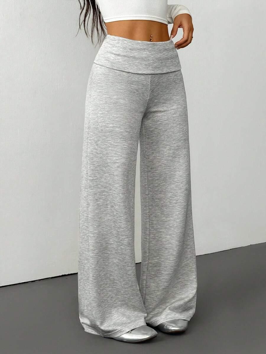 gray fold-over waist wide-leg knit lounge pants