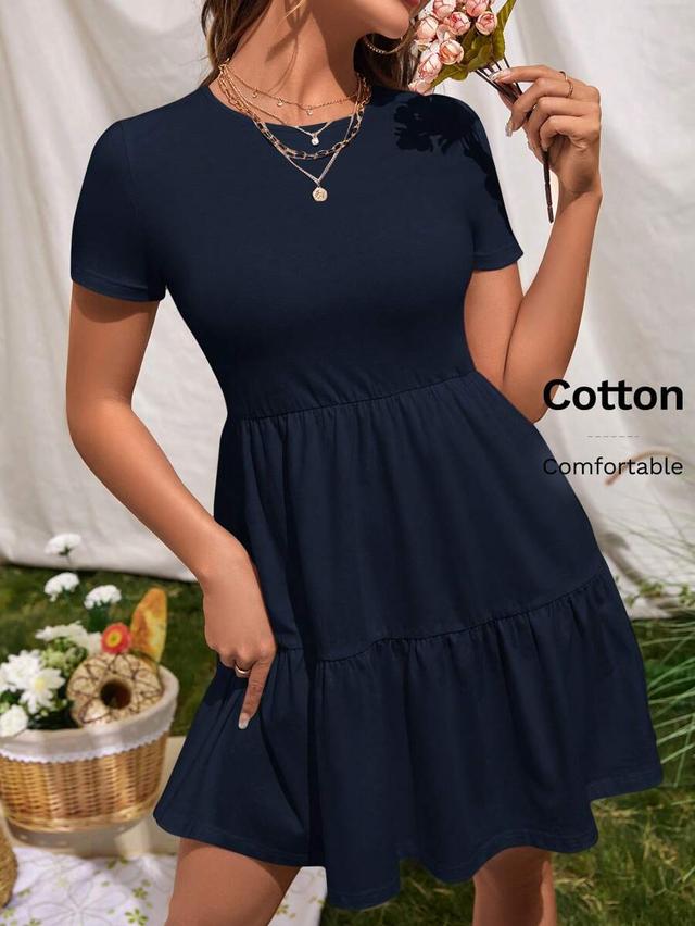 navy blue short sleeve round neck casual tiered dress