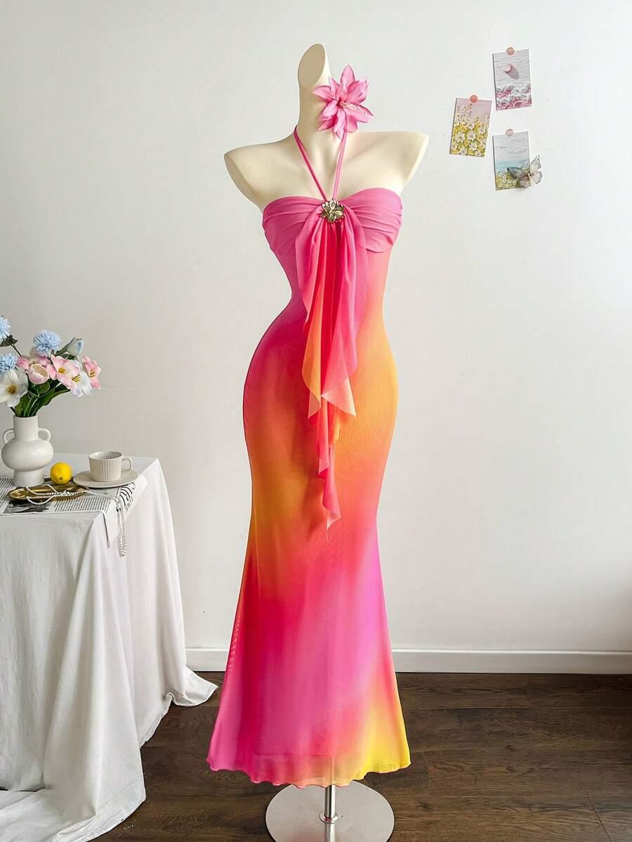 ombre pink and orange halter neck evening dress