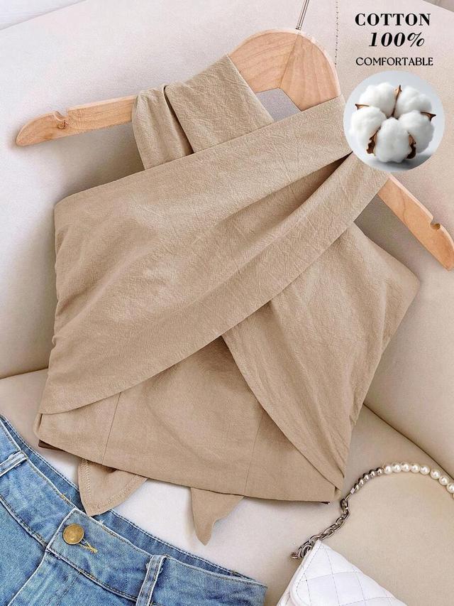 khaki cotton cross halter-neck backless top