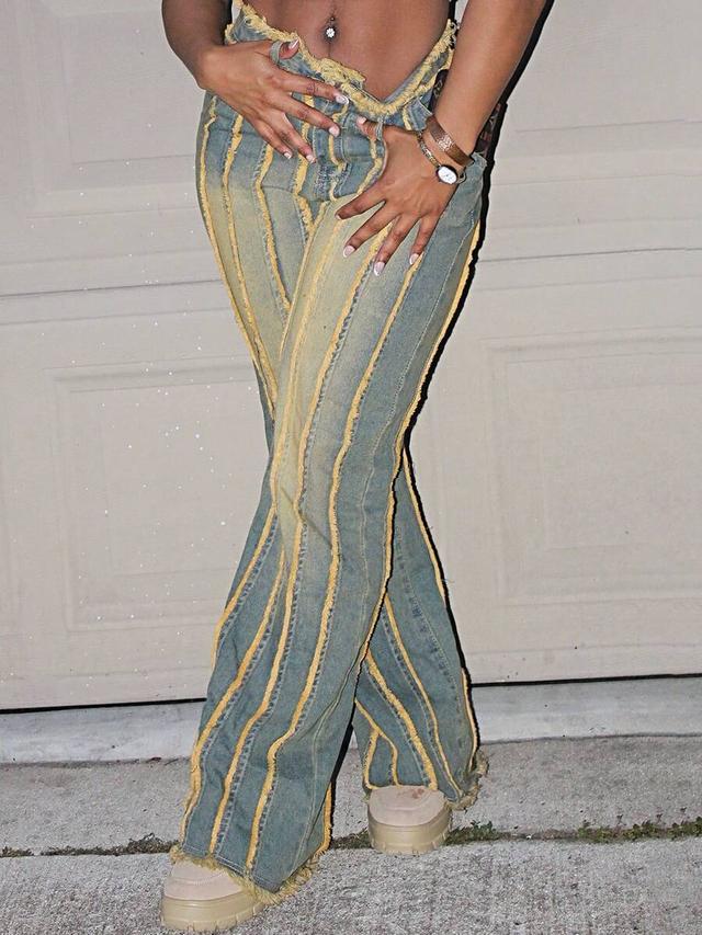 vintage washed distressed frayed seam wide leg jeans