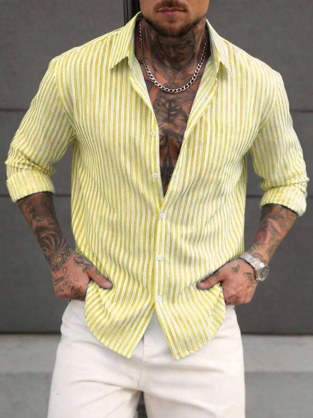 yellow and white striped woven button-up shirt