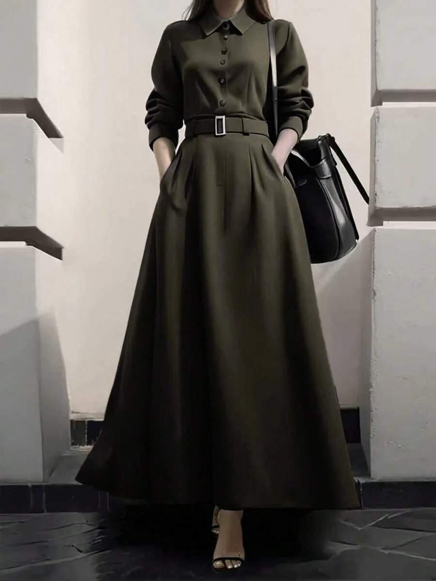 elegant solid olive green belted button down midi dress