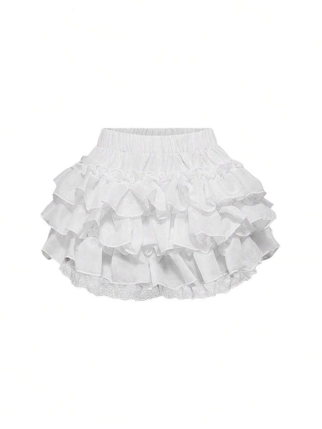 white layered ruffle hem shorts with lace trim