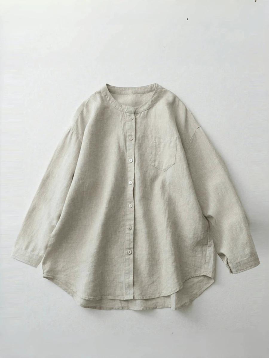 women's beige linen long sleeve button-up blouse