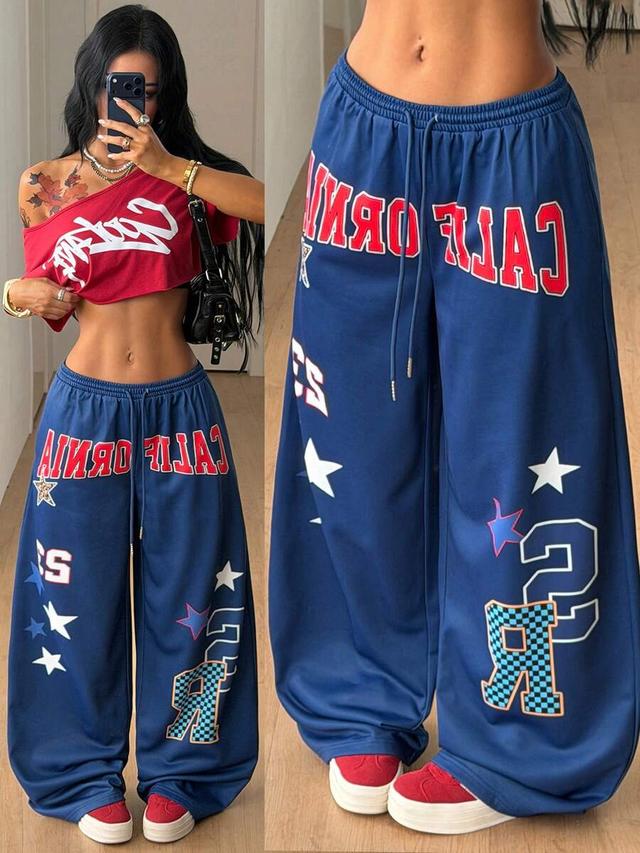 blue graphic print baggy wide leg sweatpants