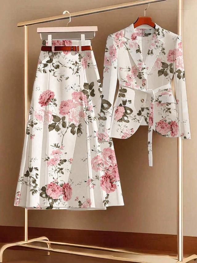 floral print suit jacket and pleated skirt set