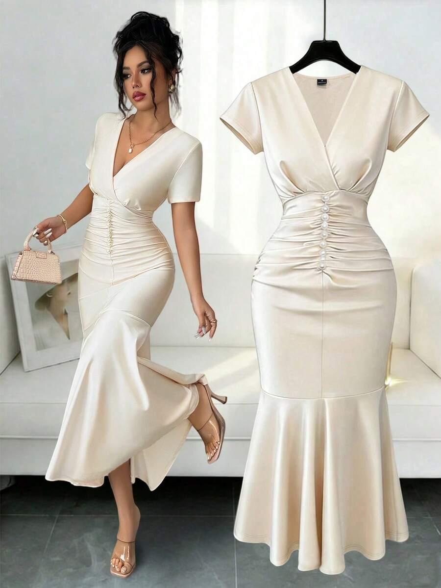 cream v-neck bodycon dress with pearl detailing