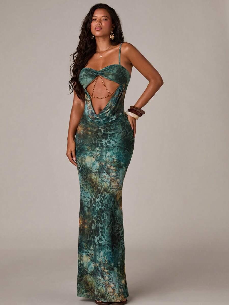 printed green cowl neck cutout maxi dress