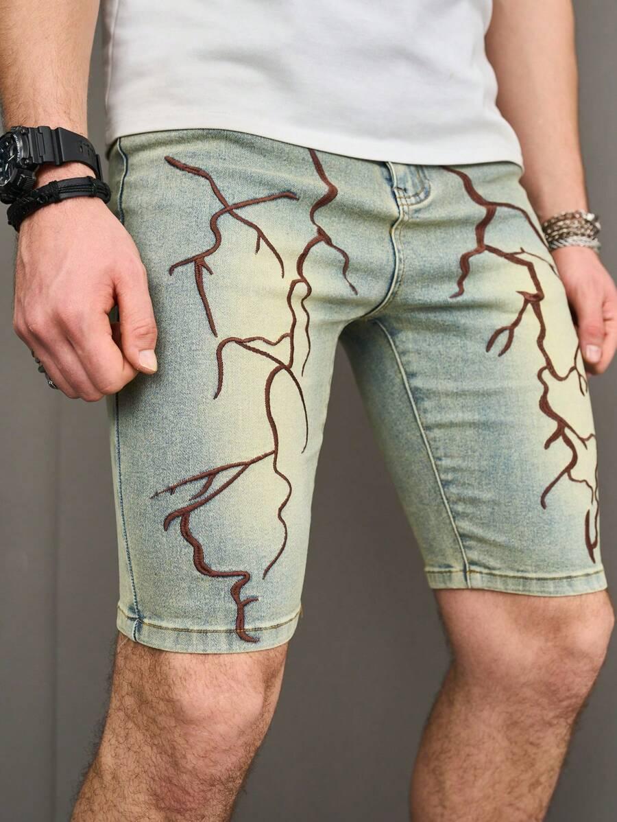 water-washed denim shorts with lightning embroidery