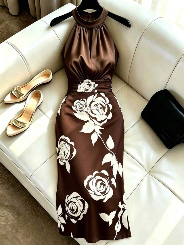 brown satin halter dress with white rose print